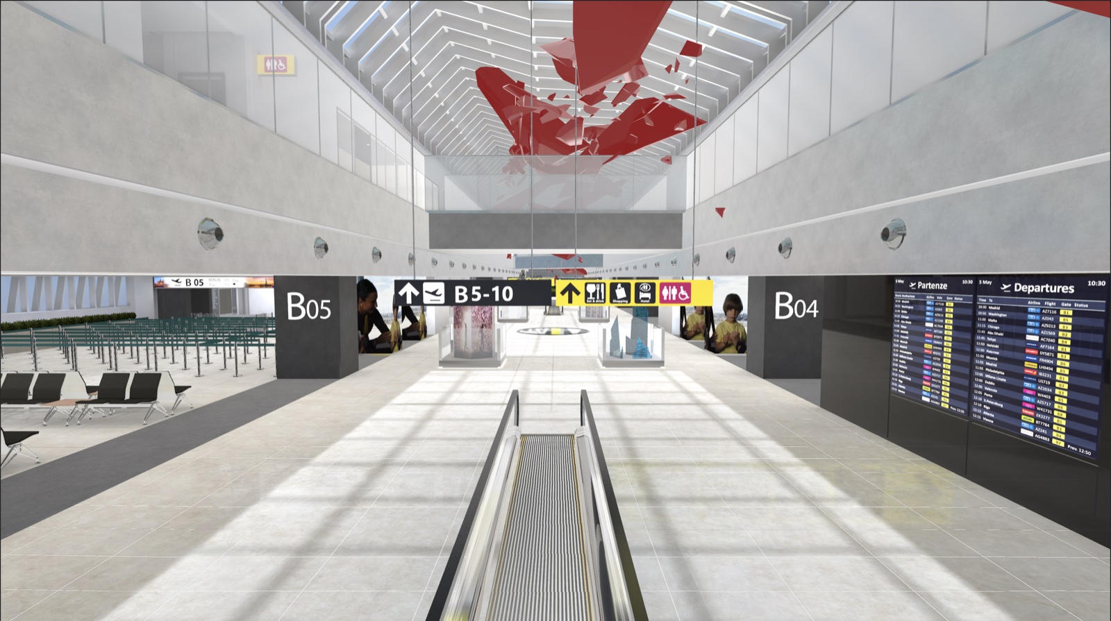 The same terminal delivered: materials, lighting, signage, seating and travelators