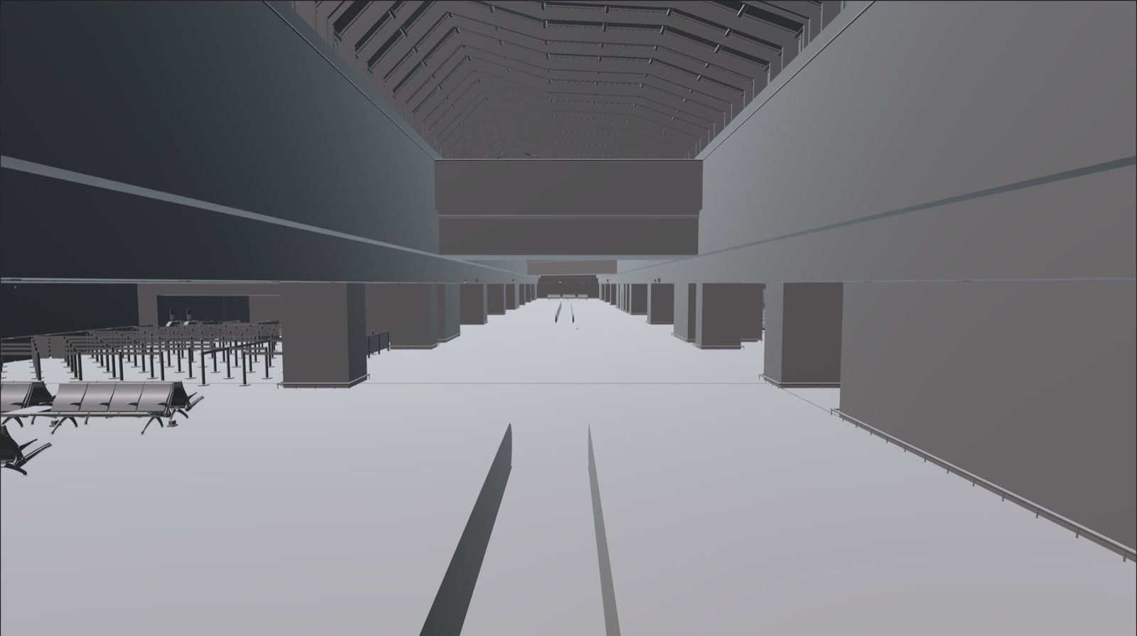 The terminal as an untextured grey BIM model, showing structure only