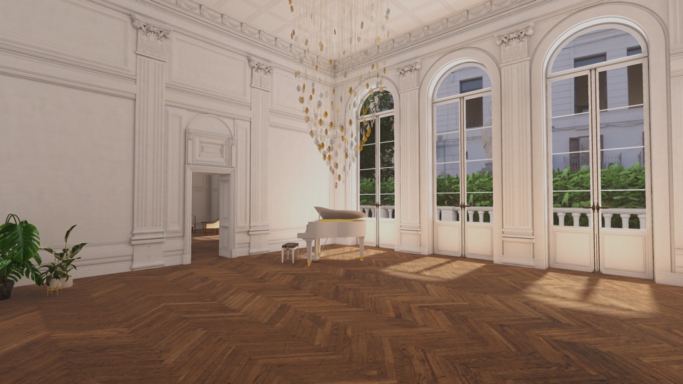 A finished interior in daylight, with a grand piano and chandelier