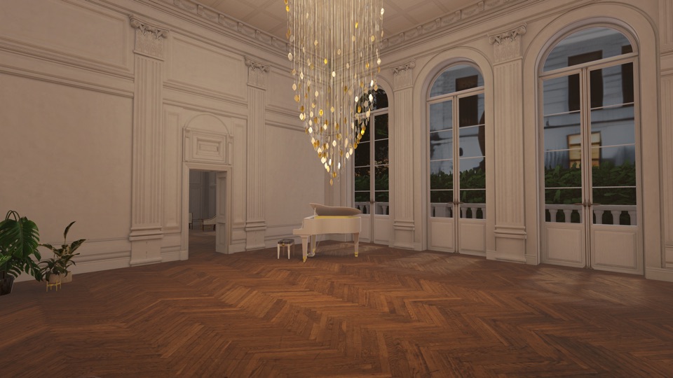 The same interior in the evening, the chandelier lit